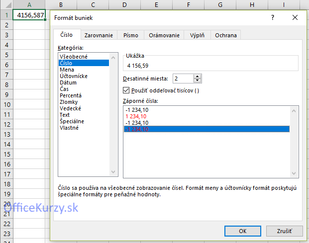 Okno formát buniek s aktívnou záložkou Číslo a vybranou kategóriu Číslo v MS Excel